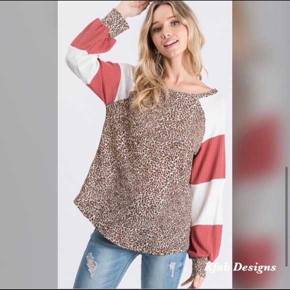 New! Clearance 🔥Waffle Animal Print Cuff Raglan Sleeve Top - Picture 7 of 8